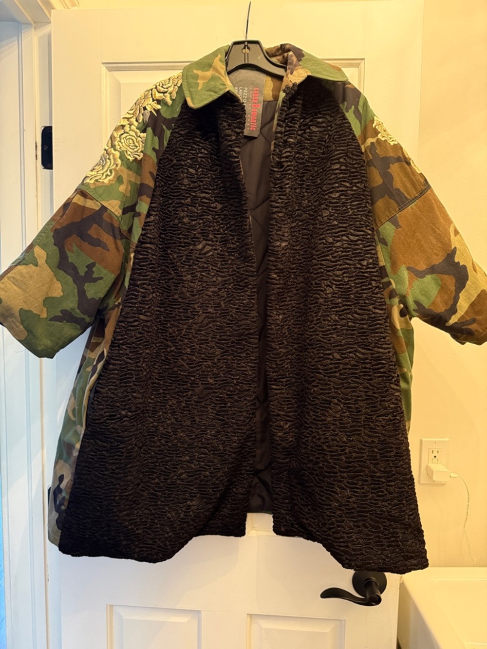 Camouflage Utility Jacket with Black Textured Front and embroidered cream floral